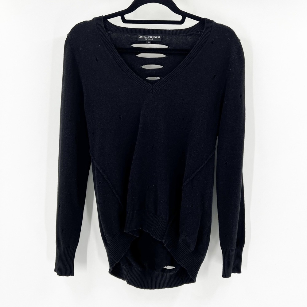 Central Park‎ West Sweater Womens XS Black Excellent Distressed Cutout V-Neck